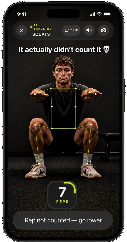 Incli AI live camera tracking a squat with a skeleton overlay and rep counter